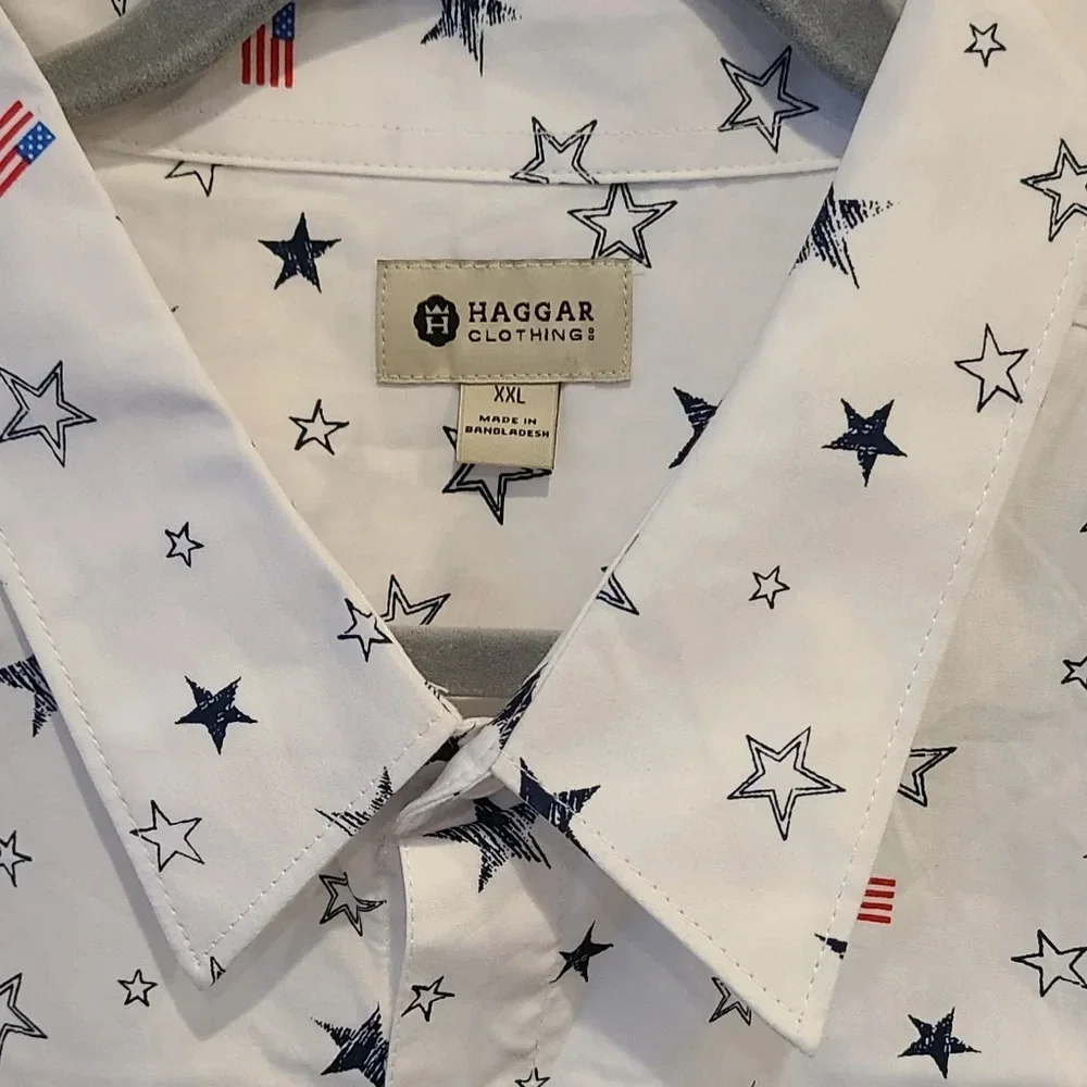 NWOT Haggar mens shirts sz.XXL short sleeve Cotton blue red white stars & flag
